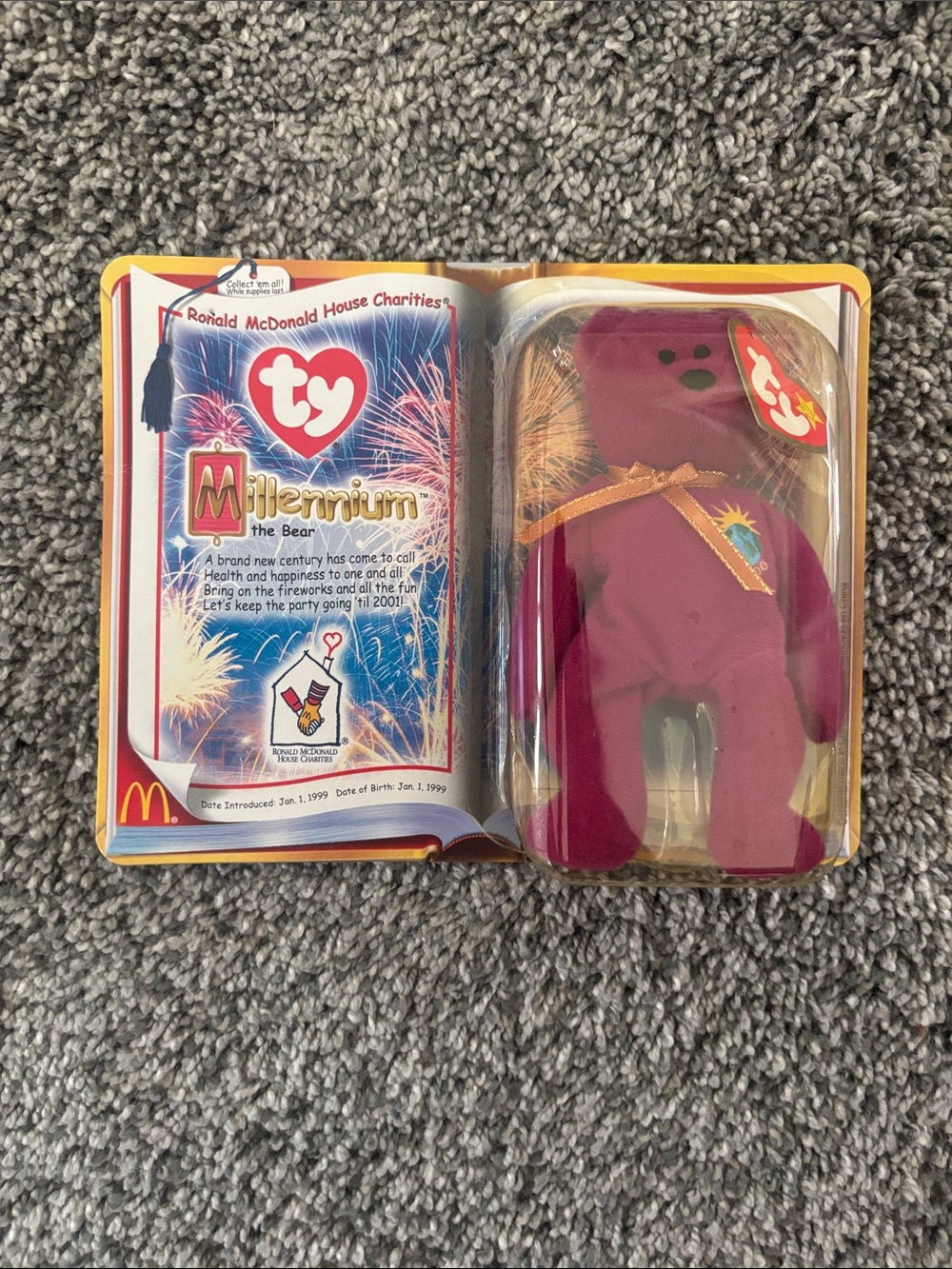 New in Box Ty Millennium Bear Plush - Purple with Gold Ribbon
